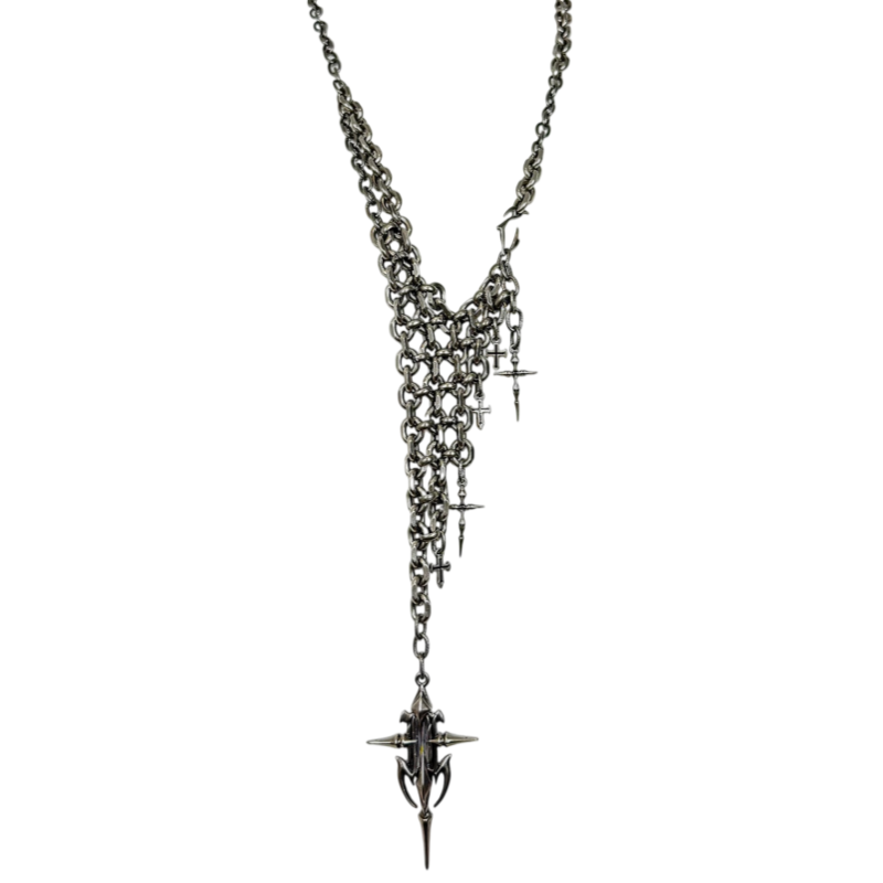 Iiimiii Erosion Metal Series Dark Cross Chain Asymmetrical Long Necklace