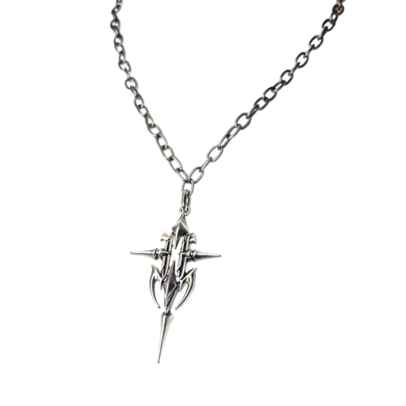 Iiimiii Corrosive Metal Series Dark Cut Out Cross Necklace Single Chain Clavicle Chain