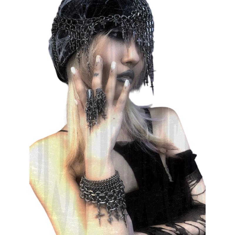 Iiimiii Erosion Metal Series Dark Cross Chain Asymmetrical Patchwork Ring