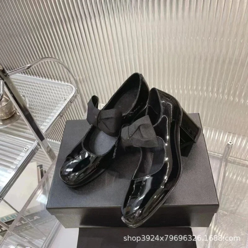 Chanel CC Ribbon Mary Jane Block Heels Black Patent 24C